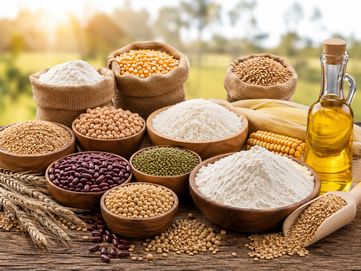 Rice, maize, wheat, beans, grains and cooking oil arranged for agricultural commodity supply