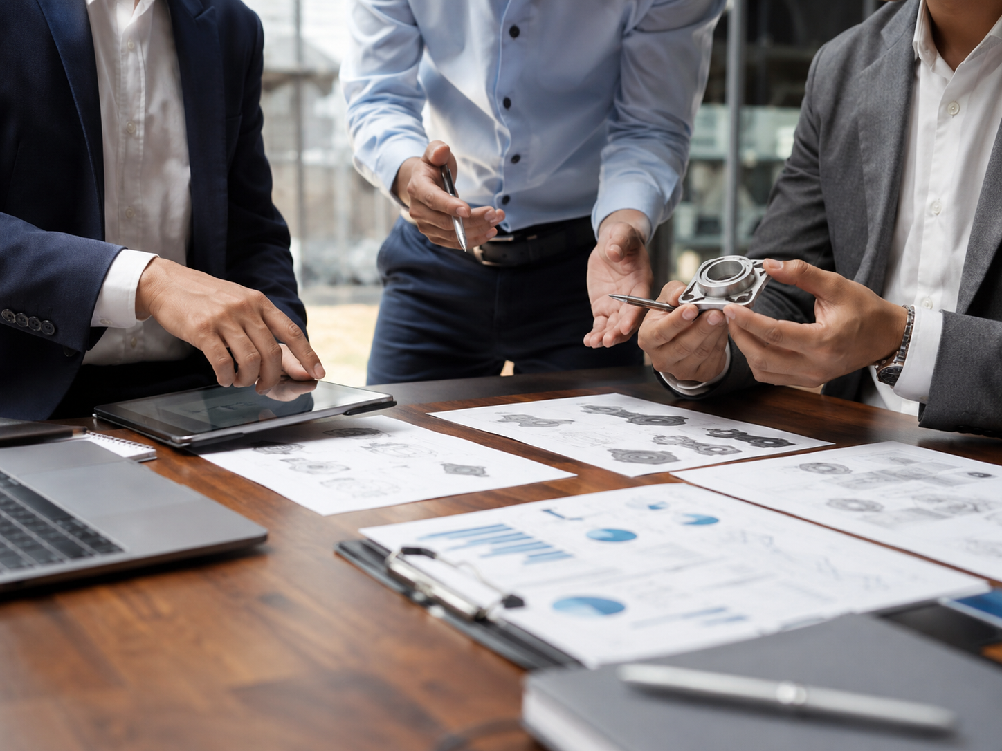 Procurement professionals reviewing a product specification and commercial documentation